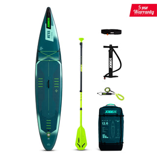 Complete Jobe Aero Neva SUP Board 12.6 Package with paddle, pump, and accessories