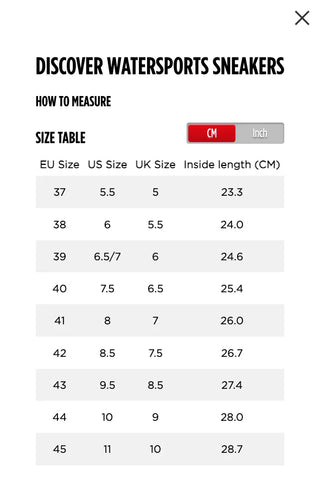 Jobe size chart sneakers