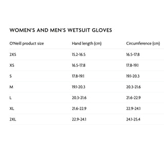 How to choose a neoprene glove. Wetsuit size guide for O'Neill gloves.