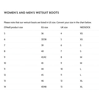 How to choose the perfect neoprene sock. Wetsuit size guide for O'Neill boots.